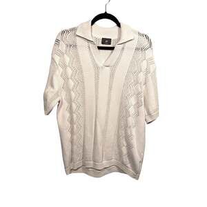 H&M Polo Shirt Mens Small Cream Loose Fit Pointelle-knit Short Sleeve Cotton